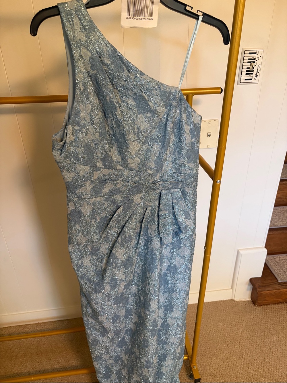 Aidan Mattox One-Shoulder Pale Blue Jacquard Evening Gown - Picture 5 of 6